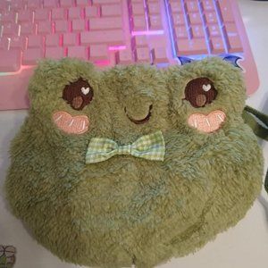 Kids Green Fluffy Wool Cute Plush Frog Crossbody Bag With Strap